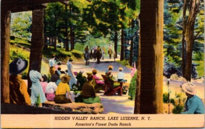 Lake Luzerne NY Hidden Valley Dude Ranch Horse Riders Linen 1950 postcard IP13
