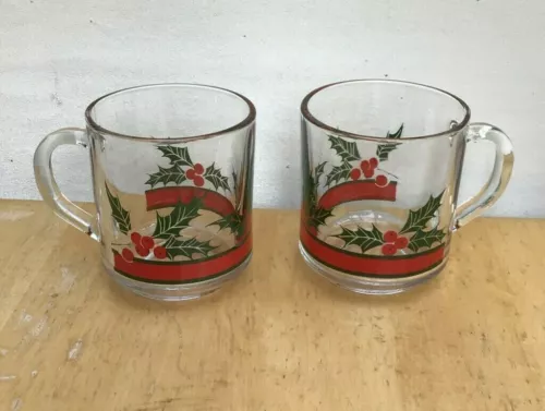 Set of 2 Vintage Libbey CHRISTMAS HOLLY AND RIBBON CLEAR MUGS Coffee Cups