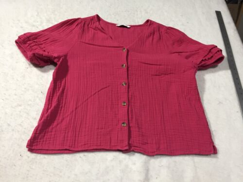 Sonoma Blouse Womens 2XL Pink Short Sleeve Ruffle V Neck Front Button Up - Picture 2 of 12