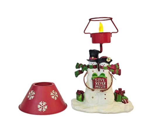Yankee Candle Tealight Lamp Snowman Couple with Red White Shade LOVE NEVER MELTS - Picture 3 of 8