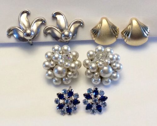 Vintage lot of 4 pair clip on earrings faux pearl and rhinestone