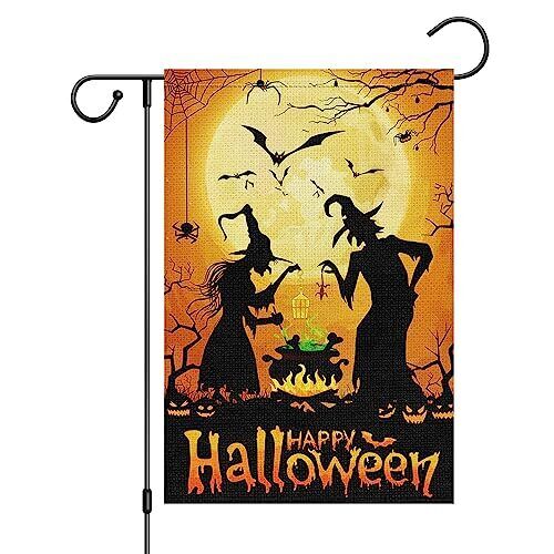 Happy Halloween Gartenfahne 12x18 doppelseitig, Sackleinen klein Willkommen - Bild 1 von 7