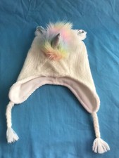 Pre-Owned Girl s Knit Unicorn Hat Rainbow Mane, Silver Horn Tassels One Size