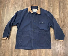 Vintage London Fog Outdoors Unlimited Button Up Barn Coat Navy Leather Trim XL