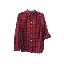 TALBOTS Red Black Gold Plaid Tabbed Sleeve Button Front Shirt Top Sz M