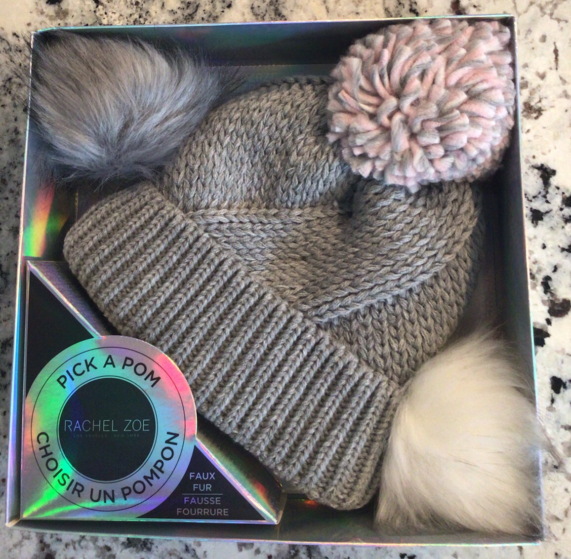 Rachel Zoe Gray Cabled Pick A Pom Boxed Hat Set Poms Grey White