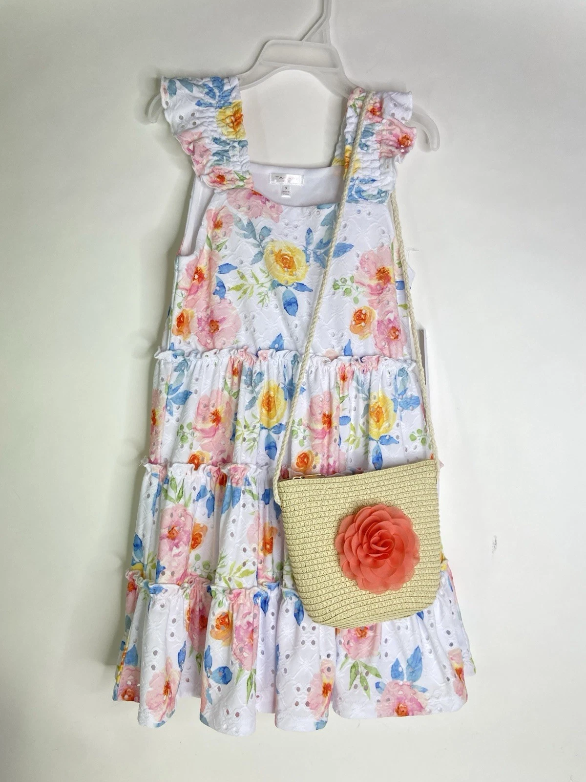 Tahari Girl Fit and Flare Dress Eyelet Floral Matching Purse Bag Girls Size 5