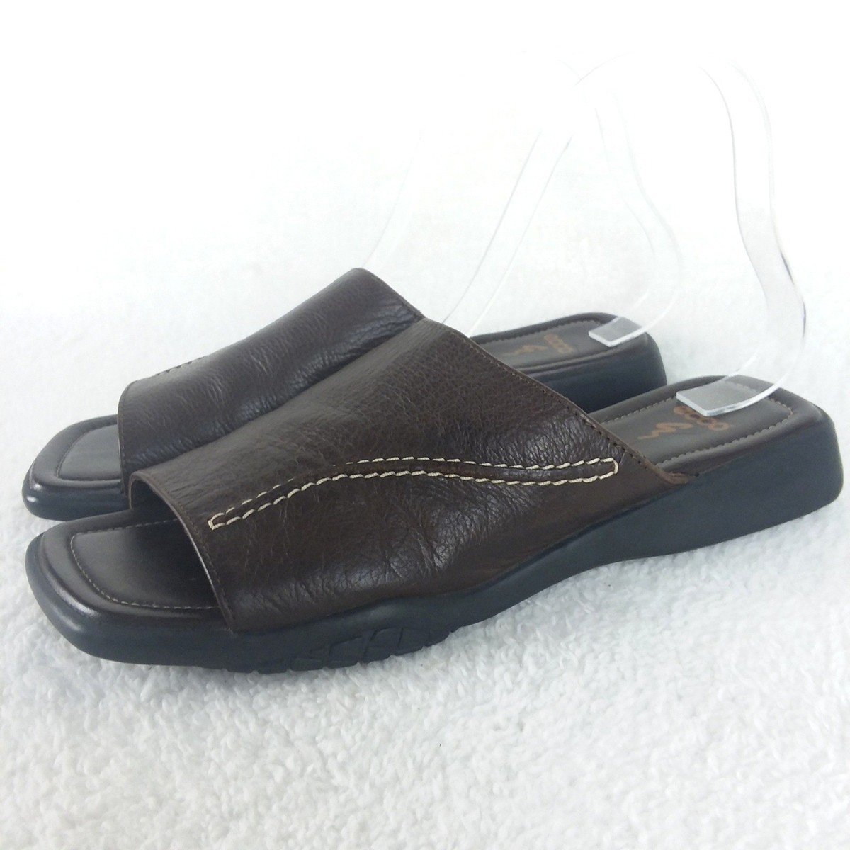 ECCO Brown Leather Slide Sandals Women's 7 Square Toe Comfort Shoes Slip On View 3