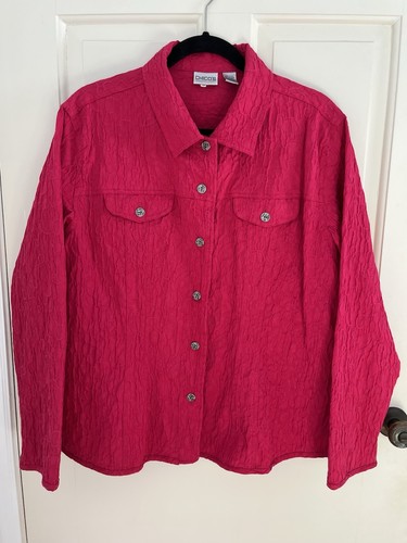 Chico's Jacket Size 3 Women's Magenta Pink Textured Long Sleeve Collar Light