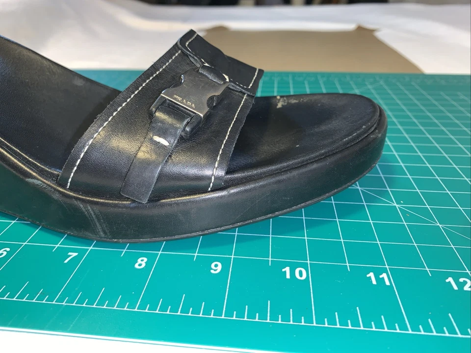 PRADA Women's Leather Wedge Platform Slide Slip Heel Sandals Casual Buckle Black - Image 2 of 4