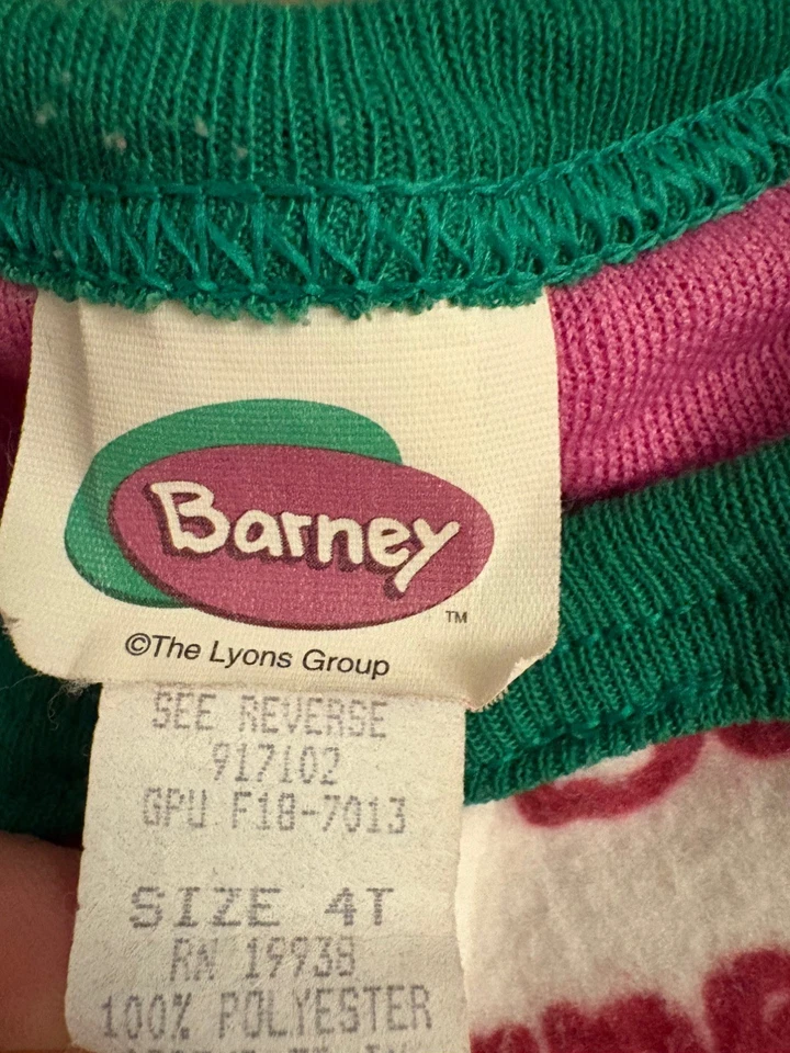 Vintage 1993 Barney Fleece Pajamas Kids 4T Zip One Piece Sleeper Lyons Group - Image 3 of 4