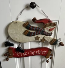 Handmade Wooden Painted Merry Christmas Hanging Sign Snowman Primitive