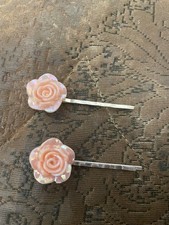 2 Vintage Pretty Pink Flower Cabochon Silver Bobby Pins