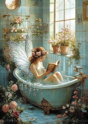 Fee Kunstdruck Lesen in Badewanne skurril Fantasy Badezimmer romantisch ag67