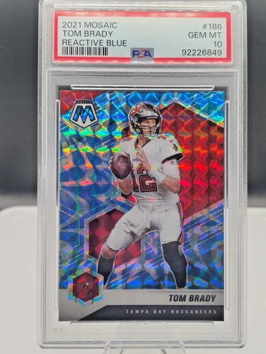 2021 Panini Mosaic Football GOAT Tom Brady 186 Reactive Blue PSA 10