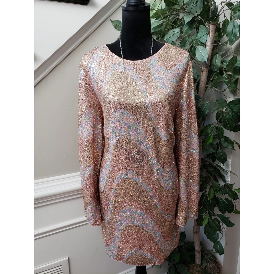 Vestido recto para mujer H&M XL beige con lentejuelas manga larga elástico cremallera trasera Foto 2 de 4