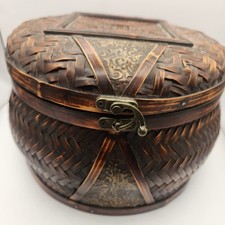 Vintage Woven Bamboo and Wood Lidded Storage Basket with a Metal Latch