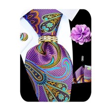 5PCS Tie and Pocket Square for Men, Silk Gold Purple Paisley Tie Set -168