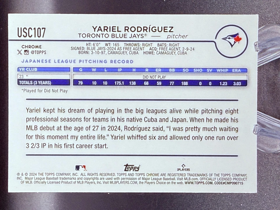 2024 Topps Chrome Yariel Rodríguez Green Lava Refractor 92/125 SP RC Blue Jays - Image 2 of 2