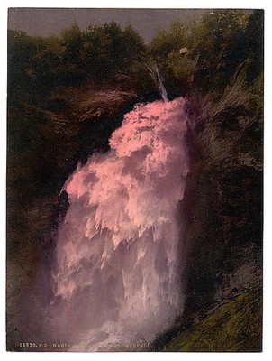 Reichenbach Upper Falls Lighted by Bengal Lights Bernese Oberland Switzerland