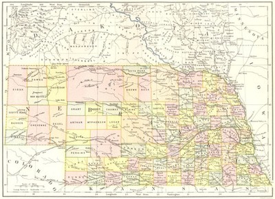 NEBRASKA. staatskarte zeigt landkreise. Britannica 9. Auflage 1898 alt