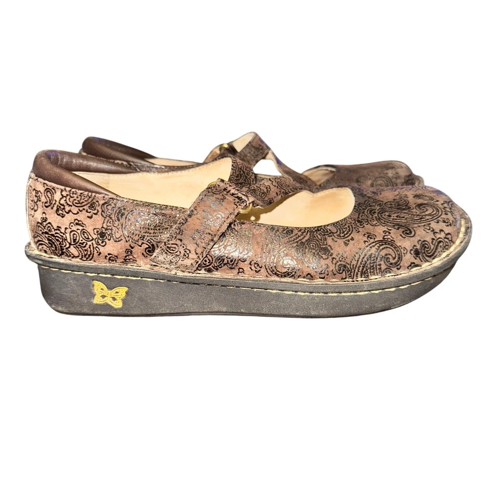 Zuecos Alegria Jill Mary Jane para mujer talla 8 cuero marrón estampado cachemira zapatos  Foto 3 de 4