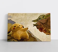Pikachu Baby Yoda Funny Star Wars Pokémon Painting Print Framed Canvas Wall Art