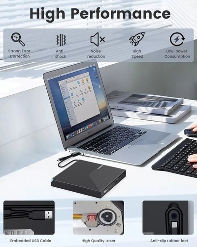 PeroBuno Externes CD DVD +/-RW Laufwerk USB 3.0 USB C Tragbarer CD/DVD Player Brenner - Bild 6 von 8