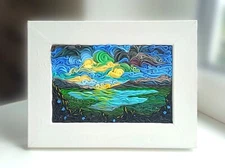 Landscape with curly sky and fluffy clouds. Handmade 