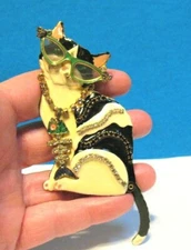 LUNCH AT THE RITZ ENAMELED MOVING CAT PIN PENDANT CRYSTAL RHINESTONES 