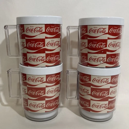 Vintage Coca Cola Plastic Mug Cup Enjoy Coke 4” Thermal Double Wall Set Of 4