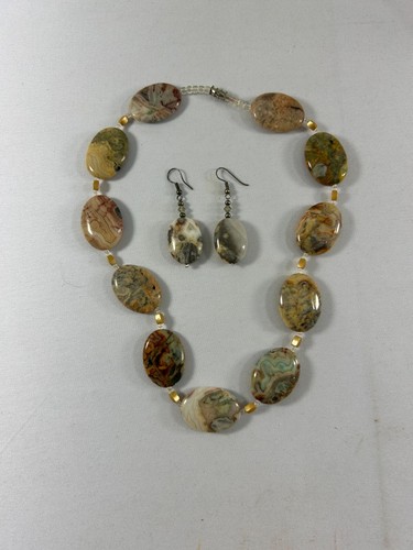 Conjunto de pendientes colgantes de collar de piedras preciosas ovaladas pulidas con cuentas tonos tierra 19" - Imagen 4 de 11