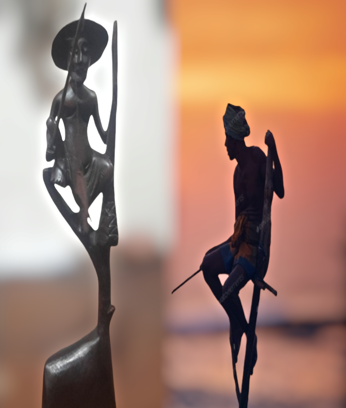 Asian Hand Carved woode Wooden figurine man with fishing pole Lucky Statue