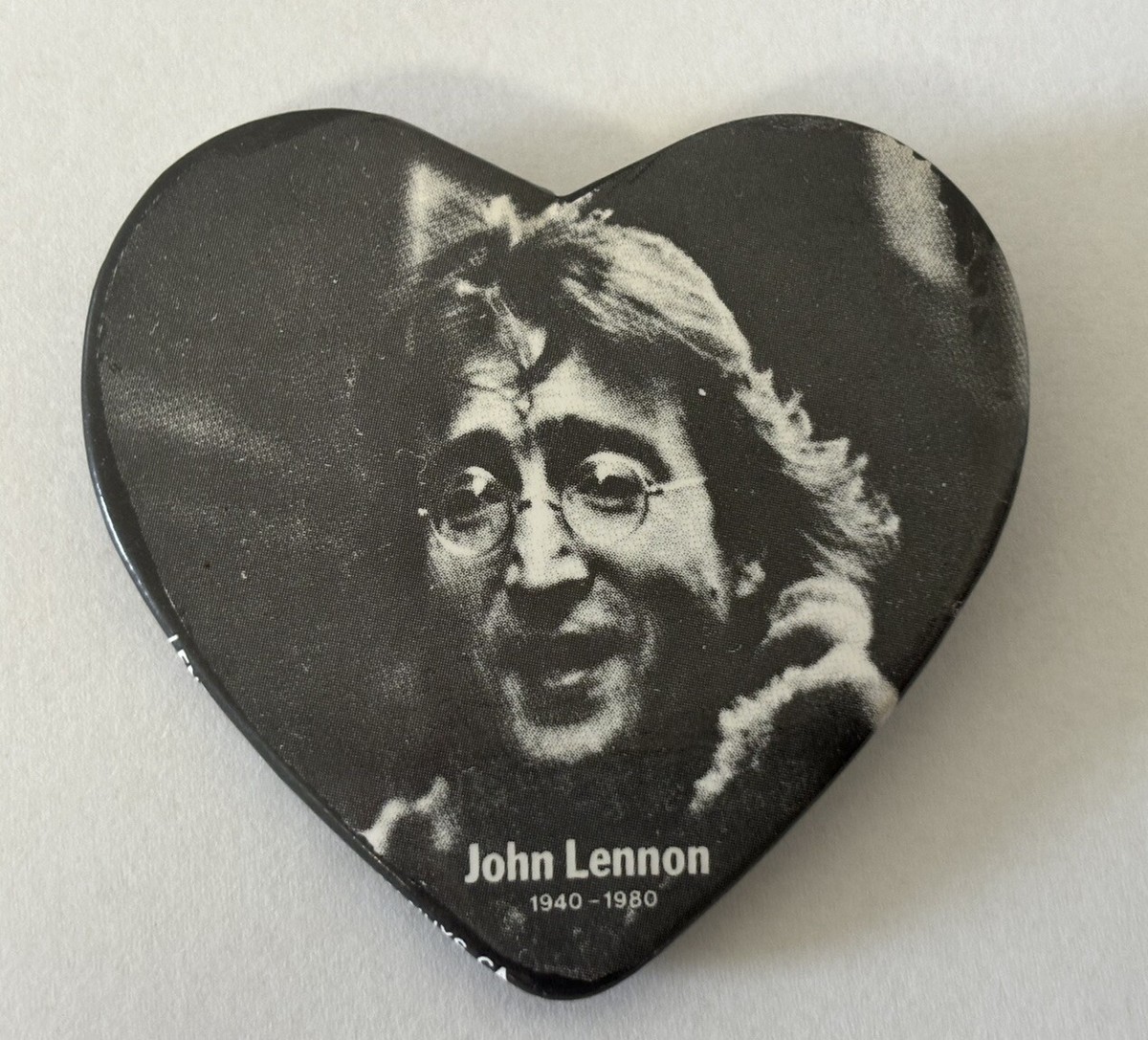 John Lennon 1940-1980 Heart Shape 2.75” Wide Commemorative Pinback