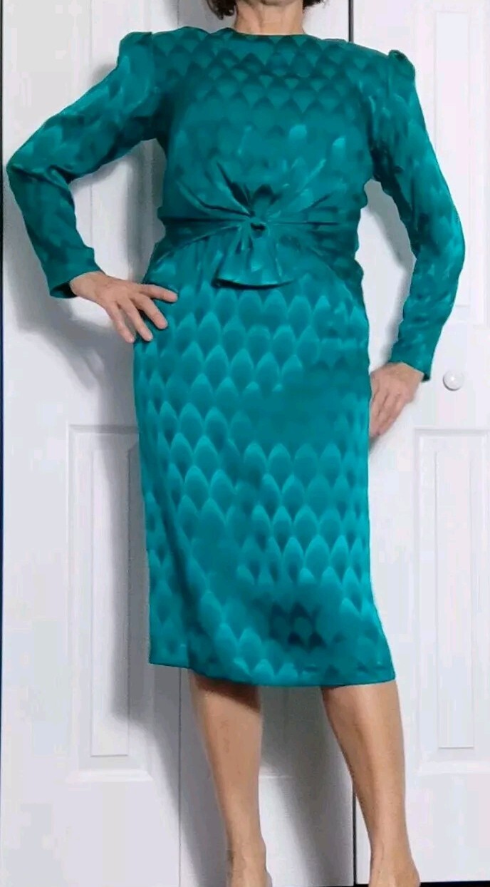Vintage Nuevo con Etiquetas Talla 8-10 Sang Mi 100% Seda Lápiz Drapeado Verde Vestido Lazo Midi Largo
