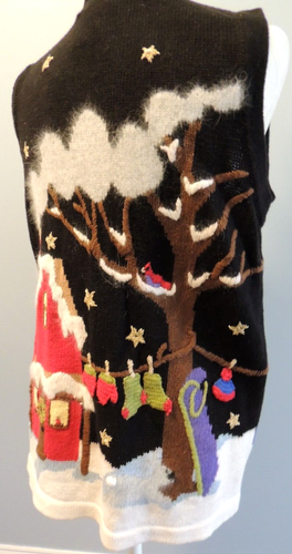 Quacker Factory Christmas Snowman Sweater Vest Womens Sz Med Black House Trees - Picture 6 of 13