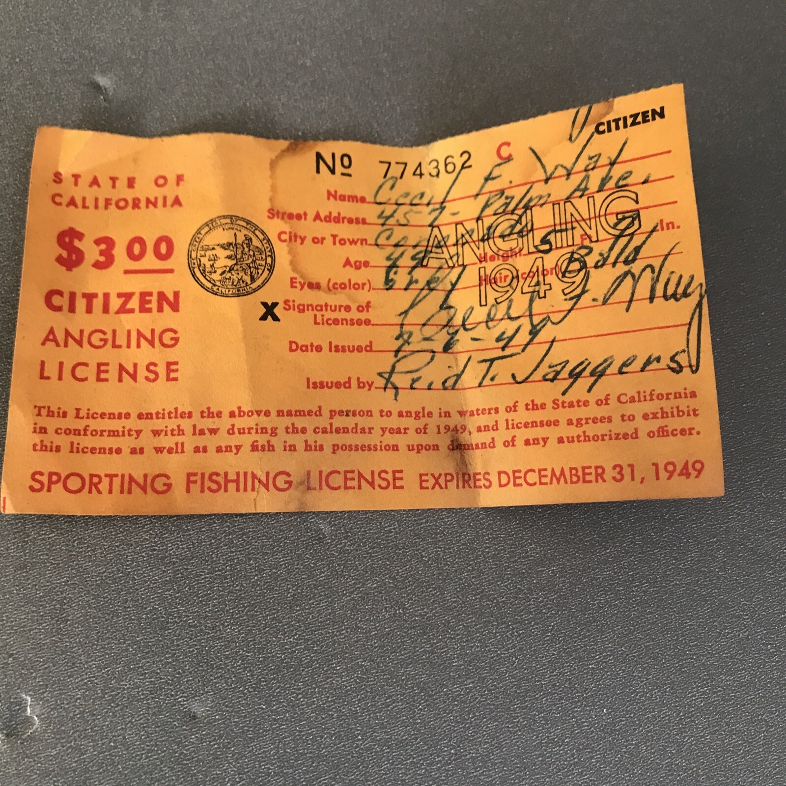1949 California Citizen Angling License Sport Fishing License eBay