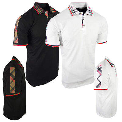 Mens Polo Shirt Designer Plaid Collar Shoulder Stripes Slim Fit Stretch Casual