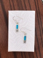 Blue Turquoise Bar Dangle Drop Earrings Sterling Silver 925 Women 12.5mm Tiny