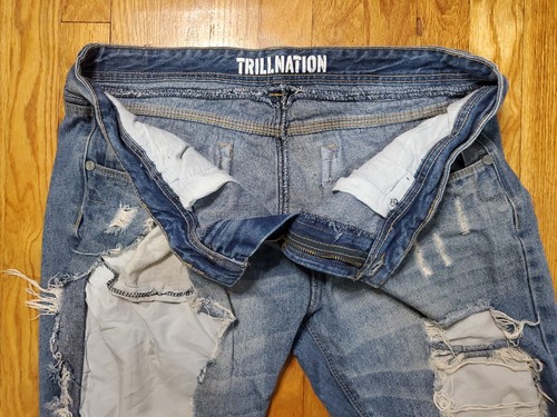 Trillnation Mens Distressed Blue Denim Jeans Size 38 - Picture 8 of 12