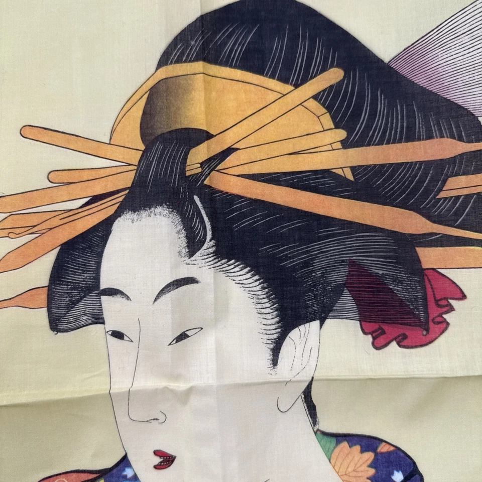 Pañuelo Kitagawa Utamaro Japón Woodblock Hankie Boho Vintage MCM Foto 4 de 4