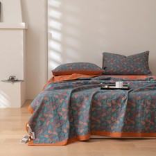 100 Cotton Muslin Blanket, Jacquard Floral Ginkgo Print, Soft Reversible Quilt,
