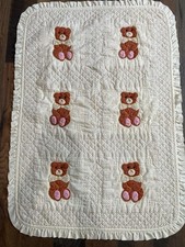 Baby CRIB QUILT BLANKET Teddy Bears Bow Ties 36" X 51" Vintage RUFFLE