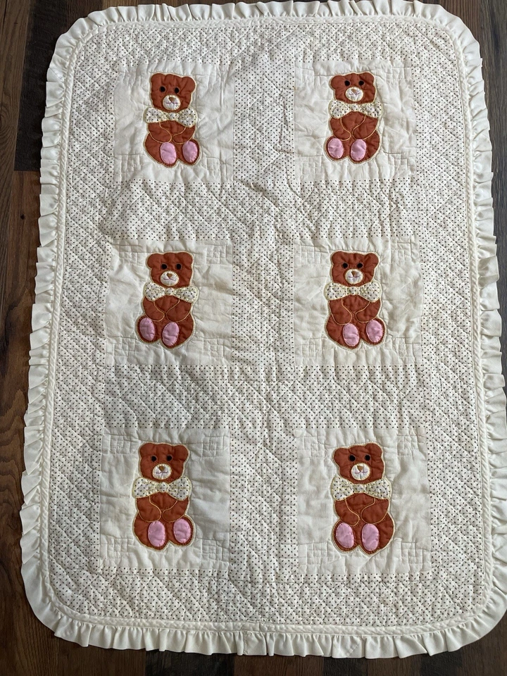 Baby CRIB QUILT BLANKET Teddy Bears Bow Ties 36" X 51" Vintage RUFFLE - Image 2 of 4