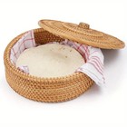 Handmade 10-Inch Round Rattan Basket with Flip-Top Lid & Checkered Cloth Lining