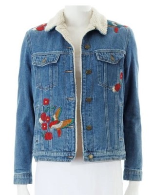 Mavi Jeans bird Embroidered Floral Denim lined trucker Jacket sherpa /faux-fur