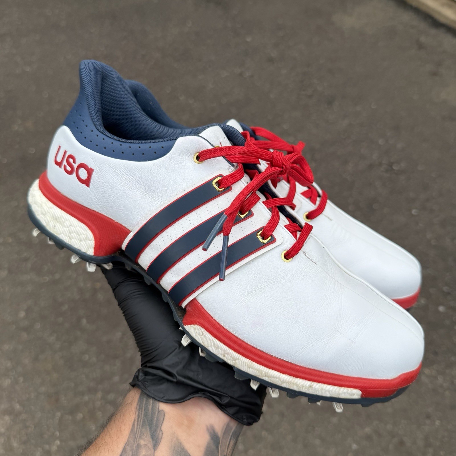 Rare adidas Tour 360 USA Golf Shoes Ultra American Red, White & Blue Mens Sz 8