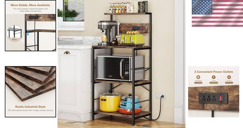 Elegantes 4-stufiges Bäckerregal mit 3 Steckdosen - Rustikal Braun Küchenorganizer - Bild 2 von 9