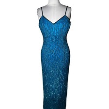 Vintage Laurence Kazar Sequin Maxi Dress Blue Beaded Silk Gown