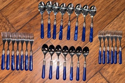 EME INOX NAPOLEON 18/10 BLUE MARBLED Stainless Flatware Forks Spoons 28 Pcs PB